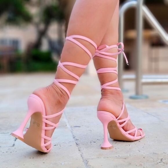 Women's Pink Strappy Pyramid Heel Gladiator Sandals - Picture 4 of 5
